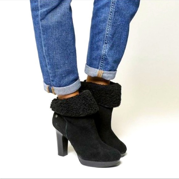 NWOT UGG Dandylion Suede Fur Lined Heeled Ankle Boots - Picture 1 of 11